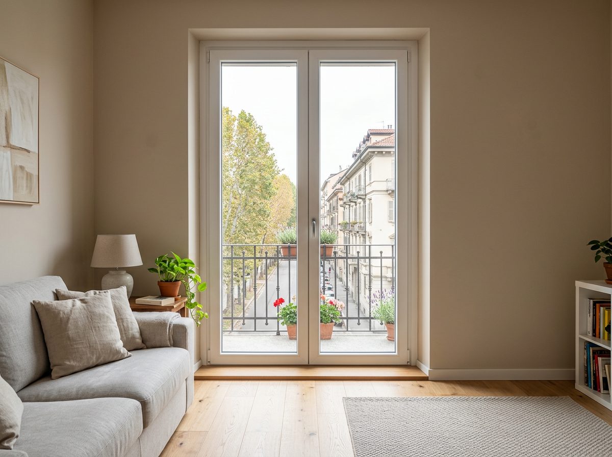 Porta finestra in PVC bianco a due ante che si apre su un balcone, immagine illustrativa