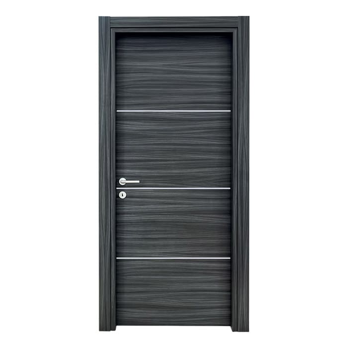 Porta interna in laminato scuro con inserti in alluminio