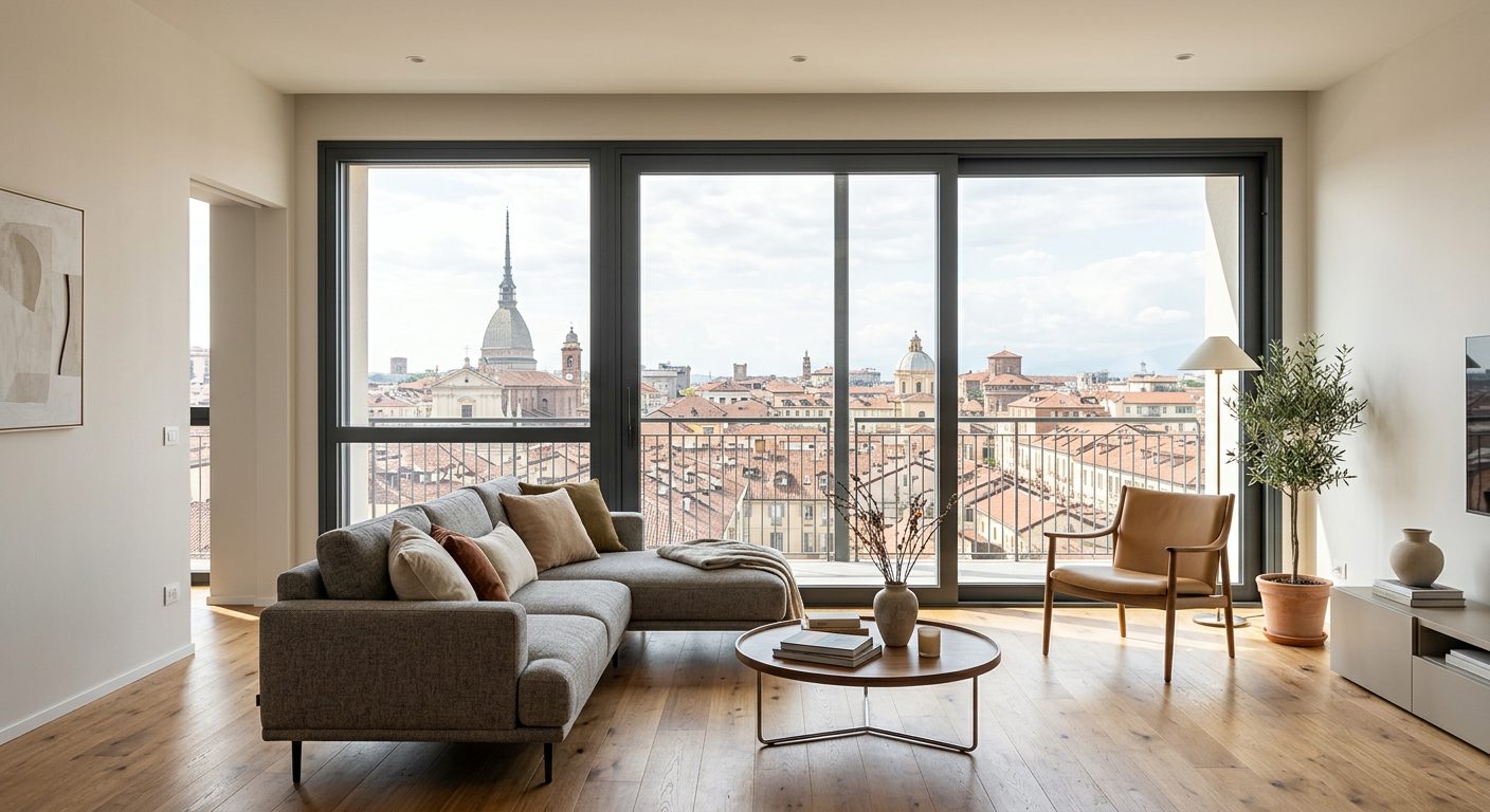 Serramento in alluminio grigio antracite a profilo sottile in un soggiorno, immagine illustrativa